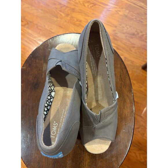 TOMS Grey Canvas Peep Toe Espadrille Wedge Shoes - Size 8.5 - Picture 5 of 9